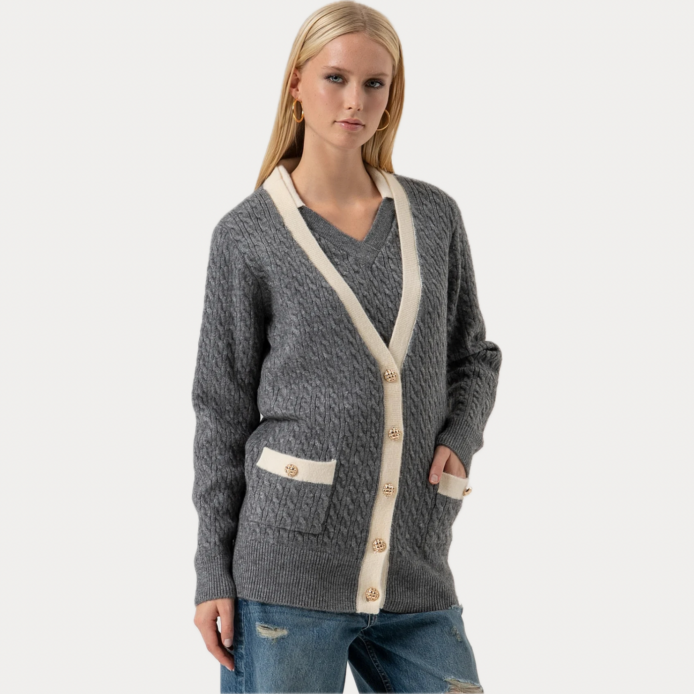 FRACOMINA - CARDIGAN DONNA GRIGIO LUNGO CON PUNTO TRECCIA