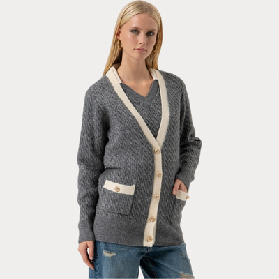 FRACOMINA - CARDIGAN DONNA GRIGIO LUNGO CON PUNTO TRECCIA