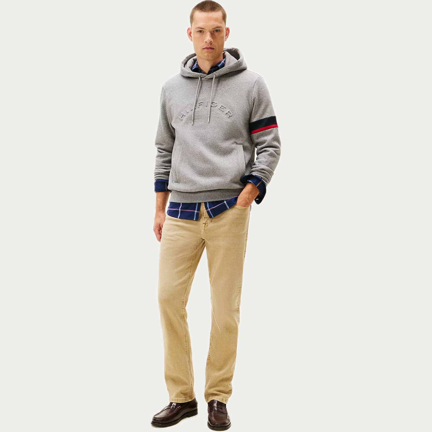TOMMY HILFIGER - FELPA UOMO GRIGIA CON LOGO IN RILIEVO