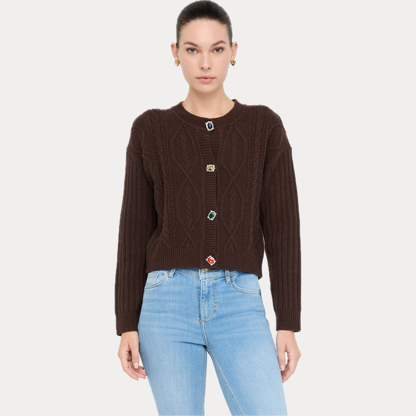 LIUJO - CARDIGAN DONNA MARRONE IN LANA CON BOTTONI GIOIELLO