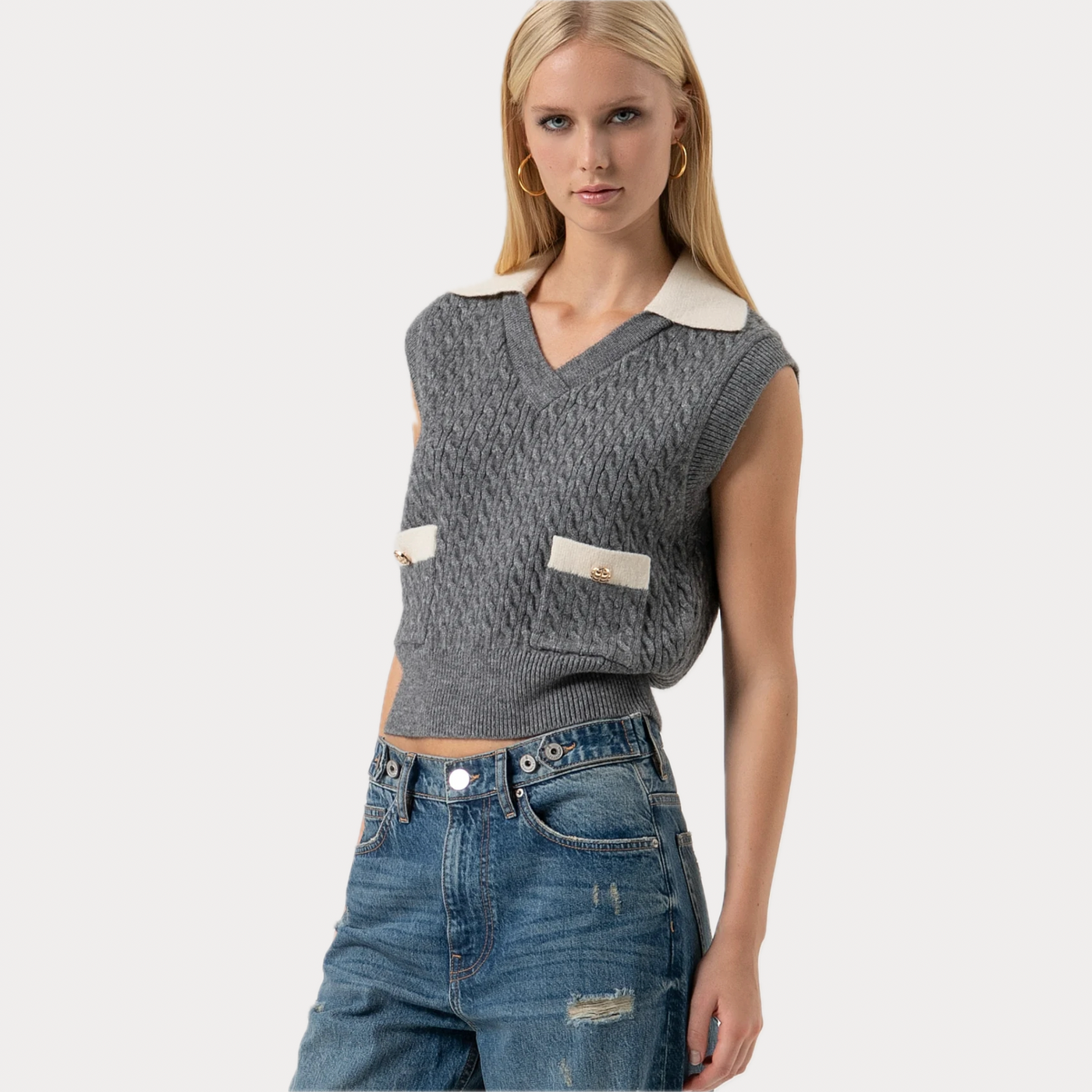 FRACOMINA - GILET DONNA REGULAR GRIGIO IN MAGLIA CON PUNTO TRECCIA