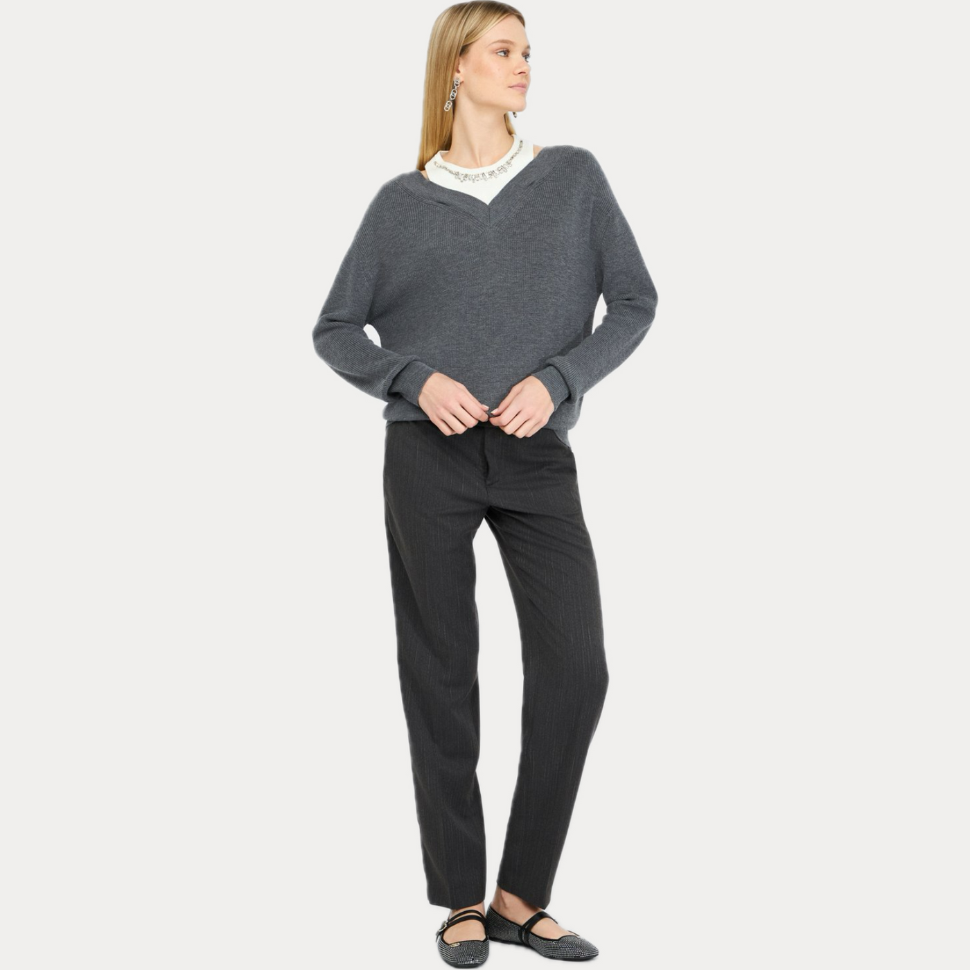 LIUJO - MAGLIONE DONNA GRIGIO CON RICAMI GIOIELLO