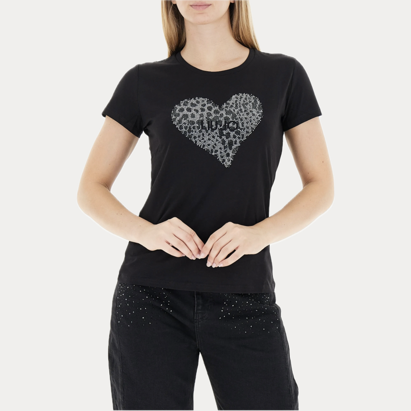 LIUJO - T-SHIRT NERA DONNA GIROCOLLO CON CUORE STRASS