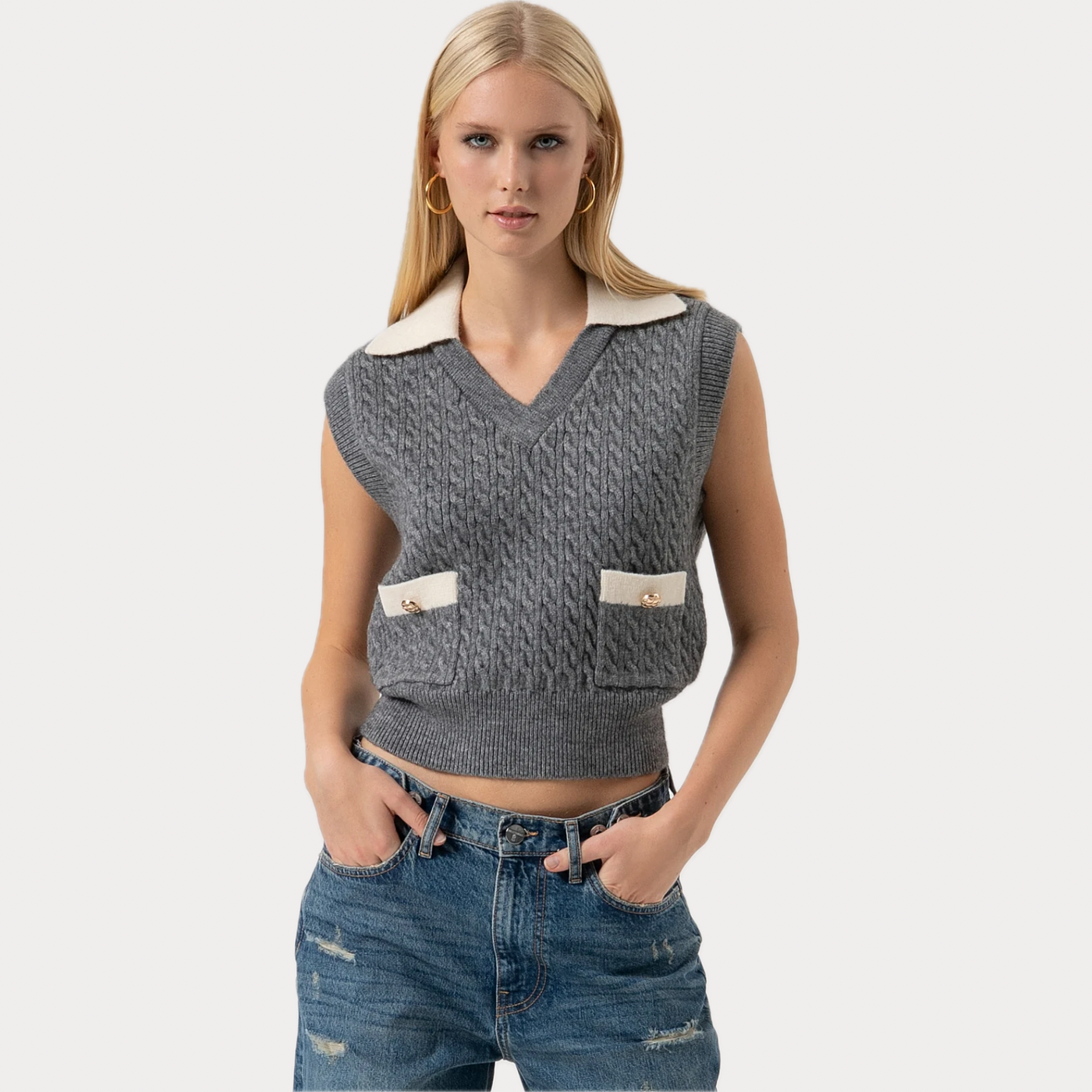 FRACOMINA - GILET DONNA REGULAR GRIGIO IN MAGLIA CON PUNTO TRECCIA