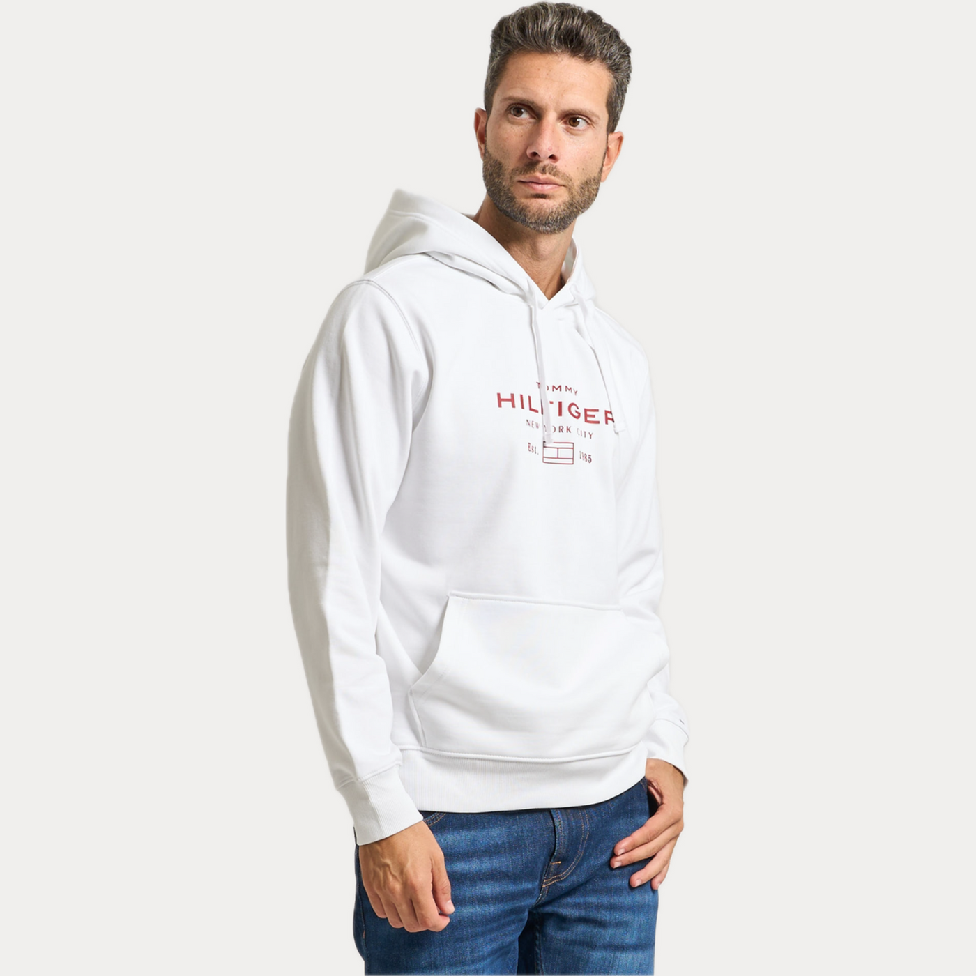 TOMMY HILFIGER - FELPA UOMO BIANCA CON CAPPUCCIO