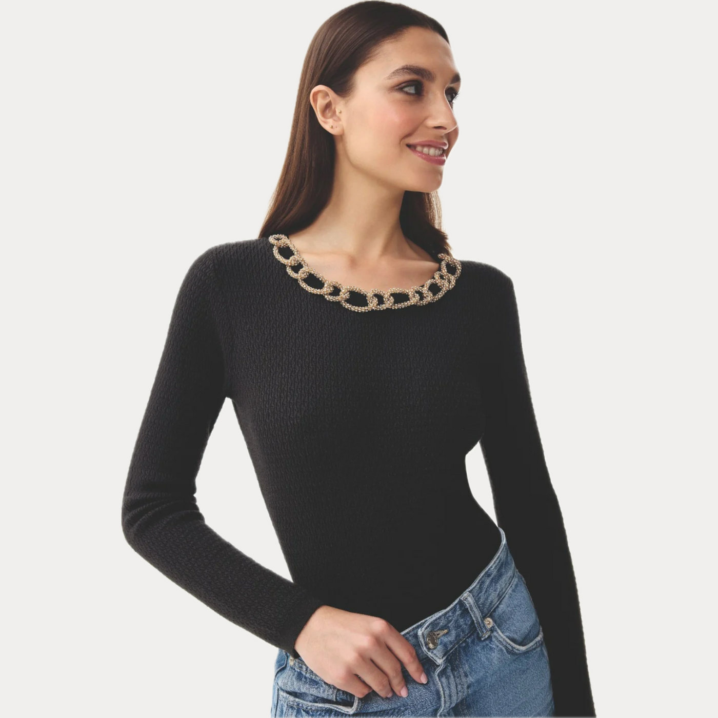 LEO & UGO - MAGLIA DONNA NERA CON ACCESSORIO GIOIELLO ORO