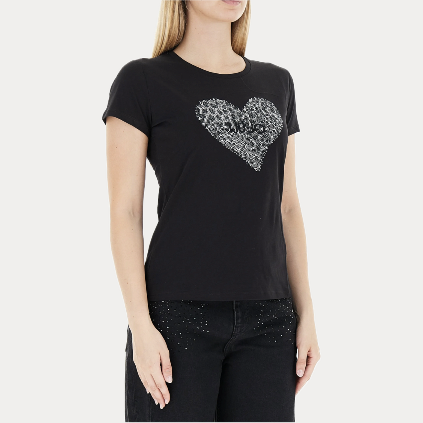 LIUJO - T-SHIRT NERA DONNA GIROCOLLO CON CUORE STRASS