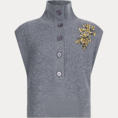 LIUJO - GILET DONNA GRIGIO 100% LANA CON RICAMI GIOIELLO