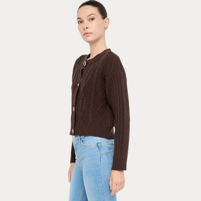 LIUJO - CARDIGAN DONNA MARRONE IN LANA CON BOTTONI GIOIELLO