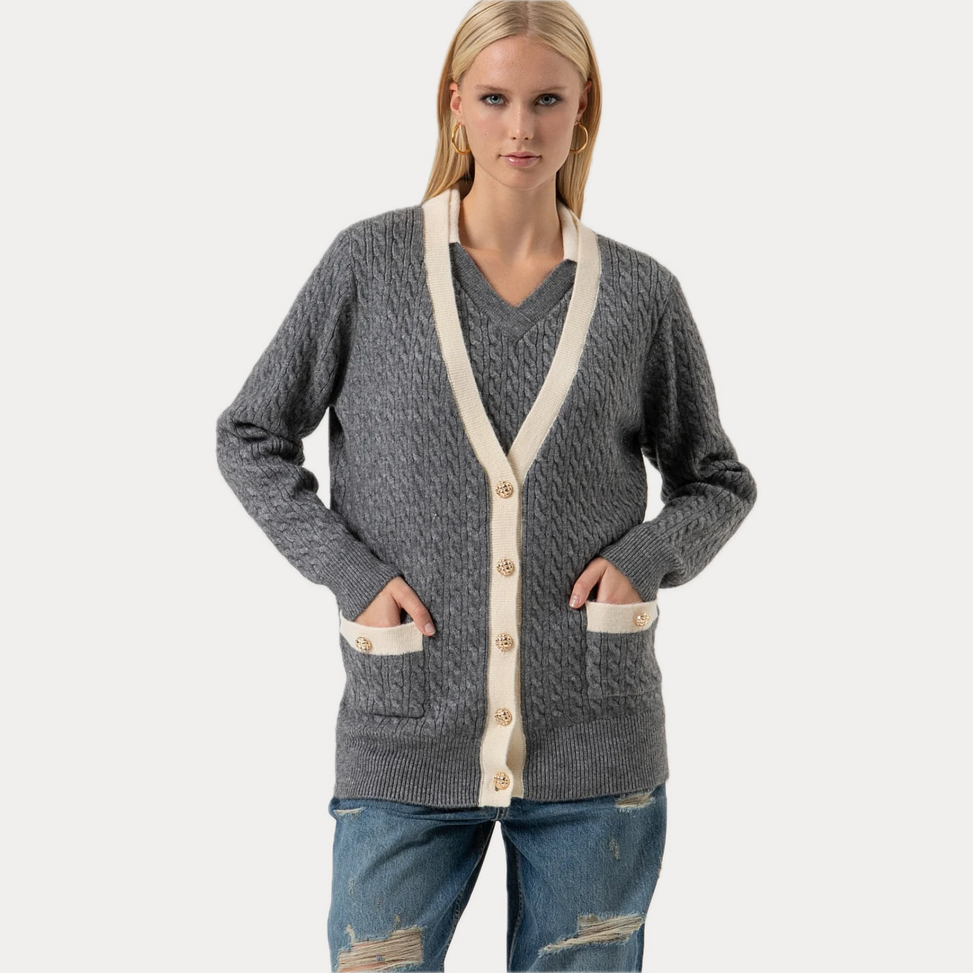 FRACOMINA - CARDIGAN DONNA GRIGIO LUNGO CON PUNTO TRECCIA