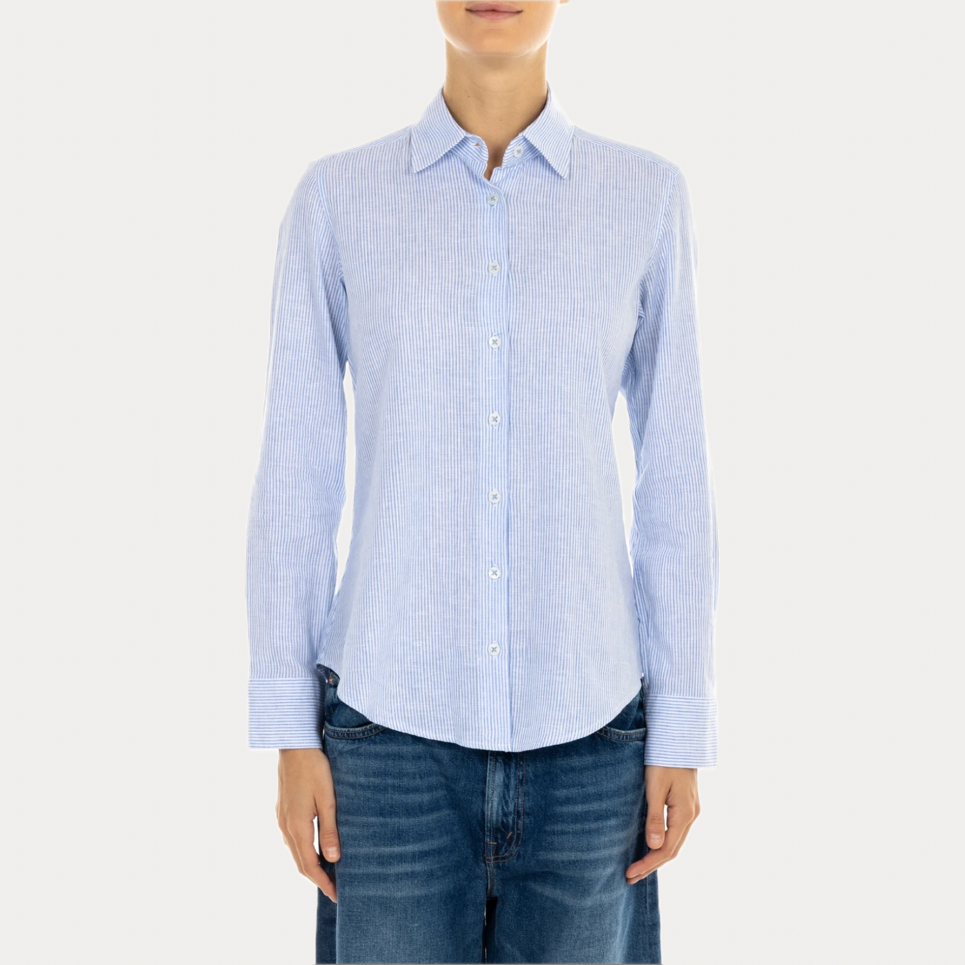 BASTONCINO - CAMICIA DONNA CHEMISIER A RIGHE CELESTI IN LINO