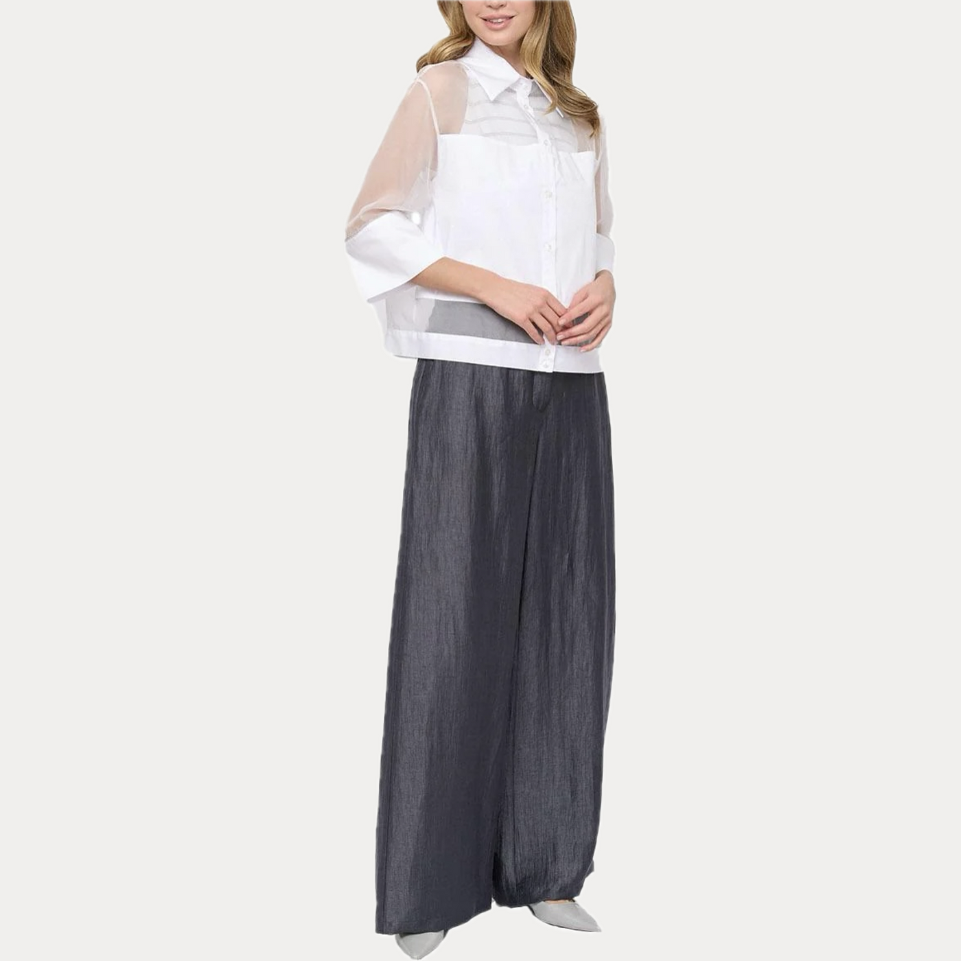 D.EXTERIOR - CAMICIA DONNA BIANCA IN POPELINE E ORGANZA