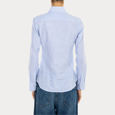 BASTONCINO - CAMICIA DONNA CHEMISIER A RIGHE CELESTI IN LINO