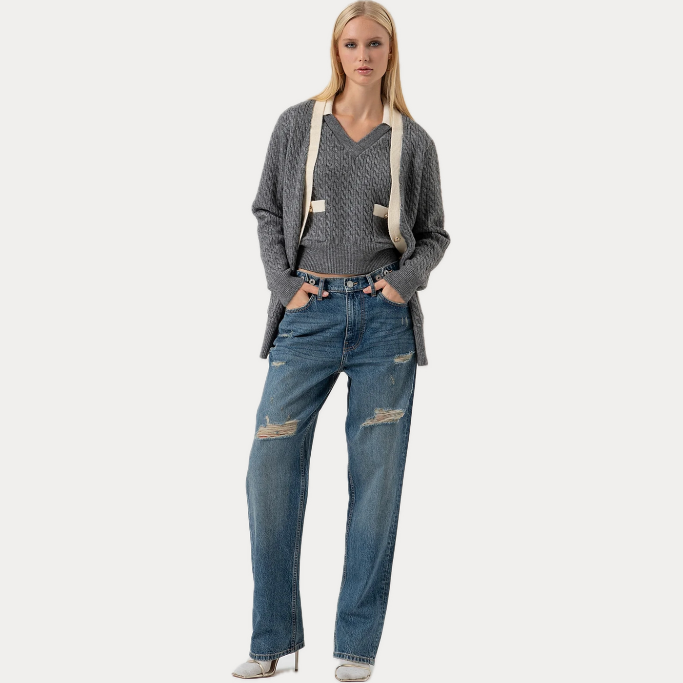 FRACOMINA - CARDIGAN DONNA GRIGIO LUNGO CON PUNTO TRECCIA