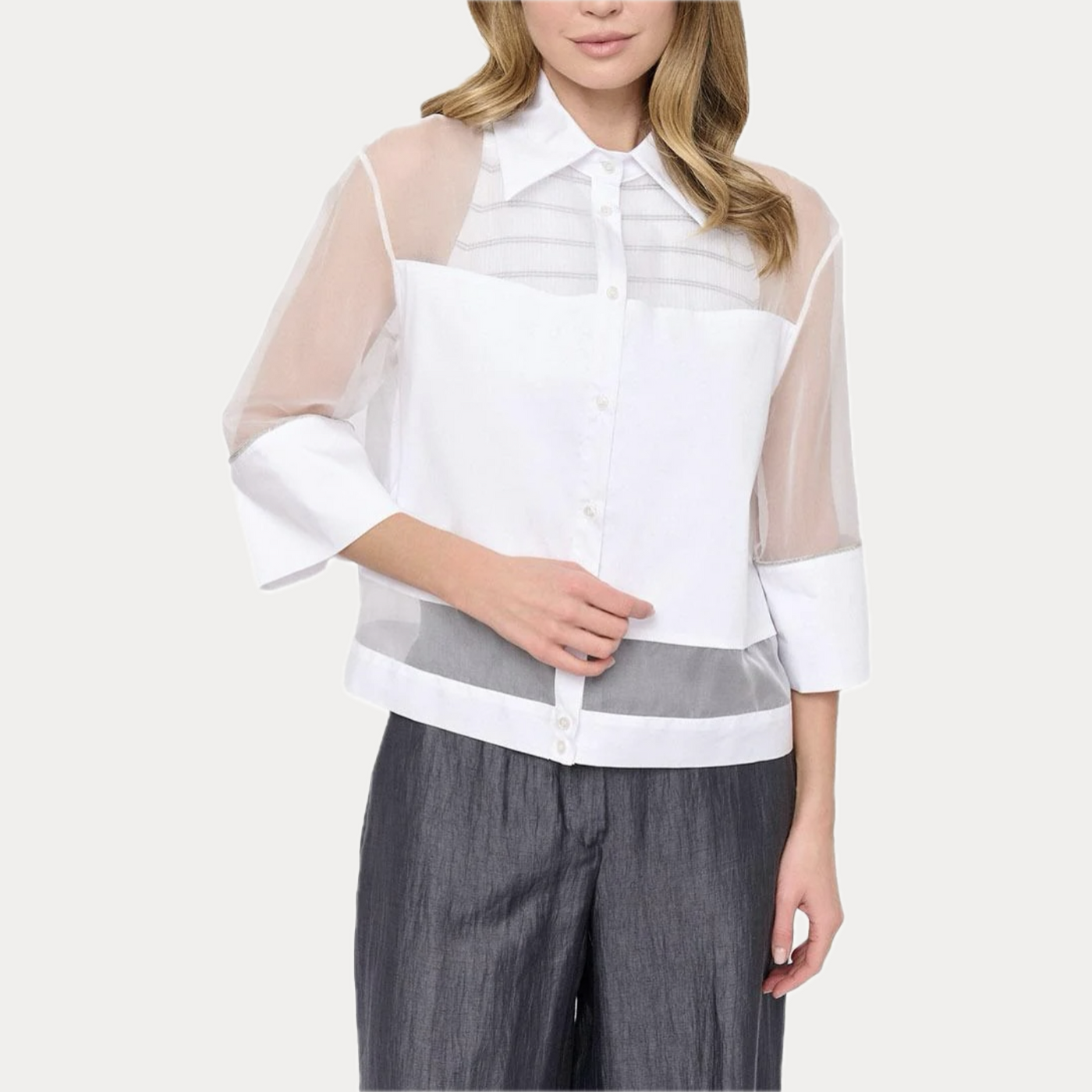 D.EXTERIOR - CAMICIA DONNA BIANCA IN POPELINE E ORGANZA
