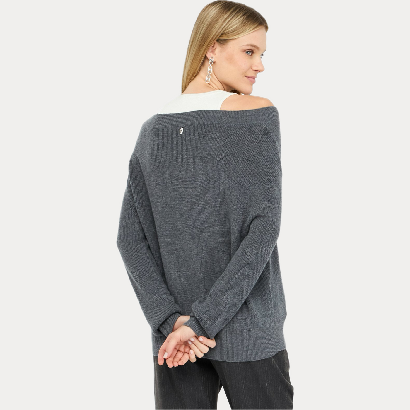 LIUJO - MAGLIONE DONNA GRIGIO CON RICAMI GIOIELLO