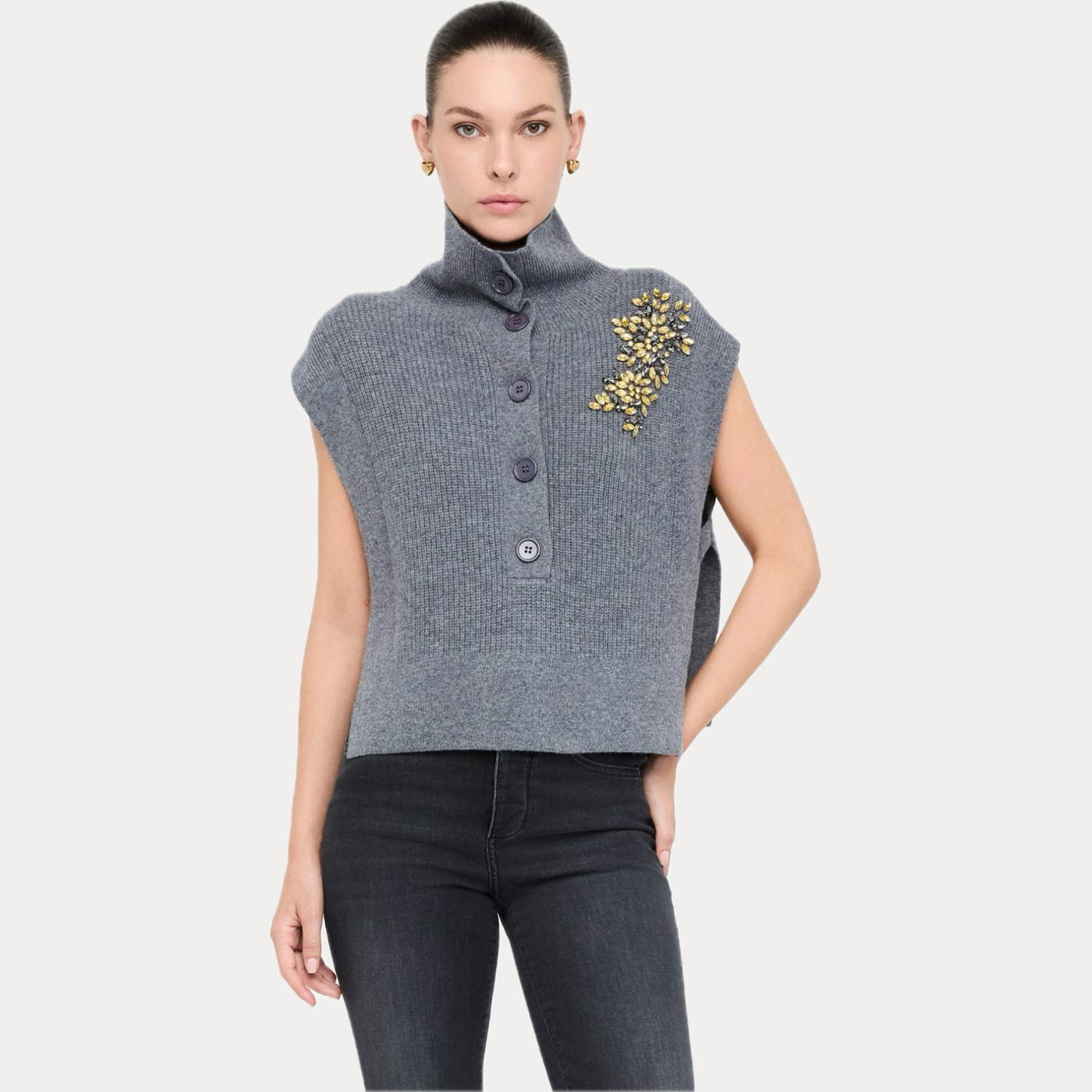 LIUJO - GILET DONNA GRIGIO 100% LANA CON RICAMI GIOIELLO