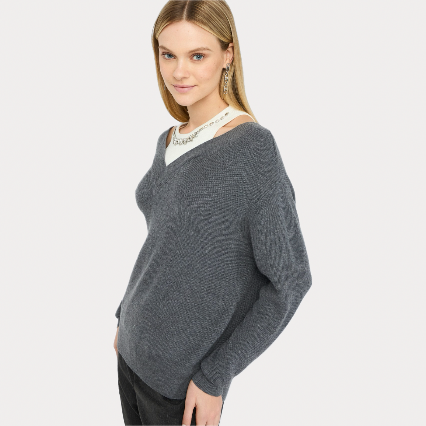 LIUJO - MAGLIONE DONNA GRIGIO CON RICAMI GIOIELLO