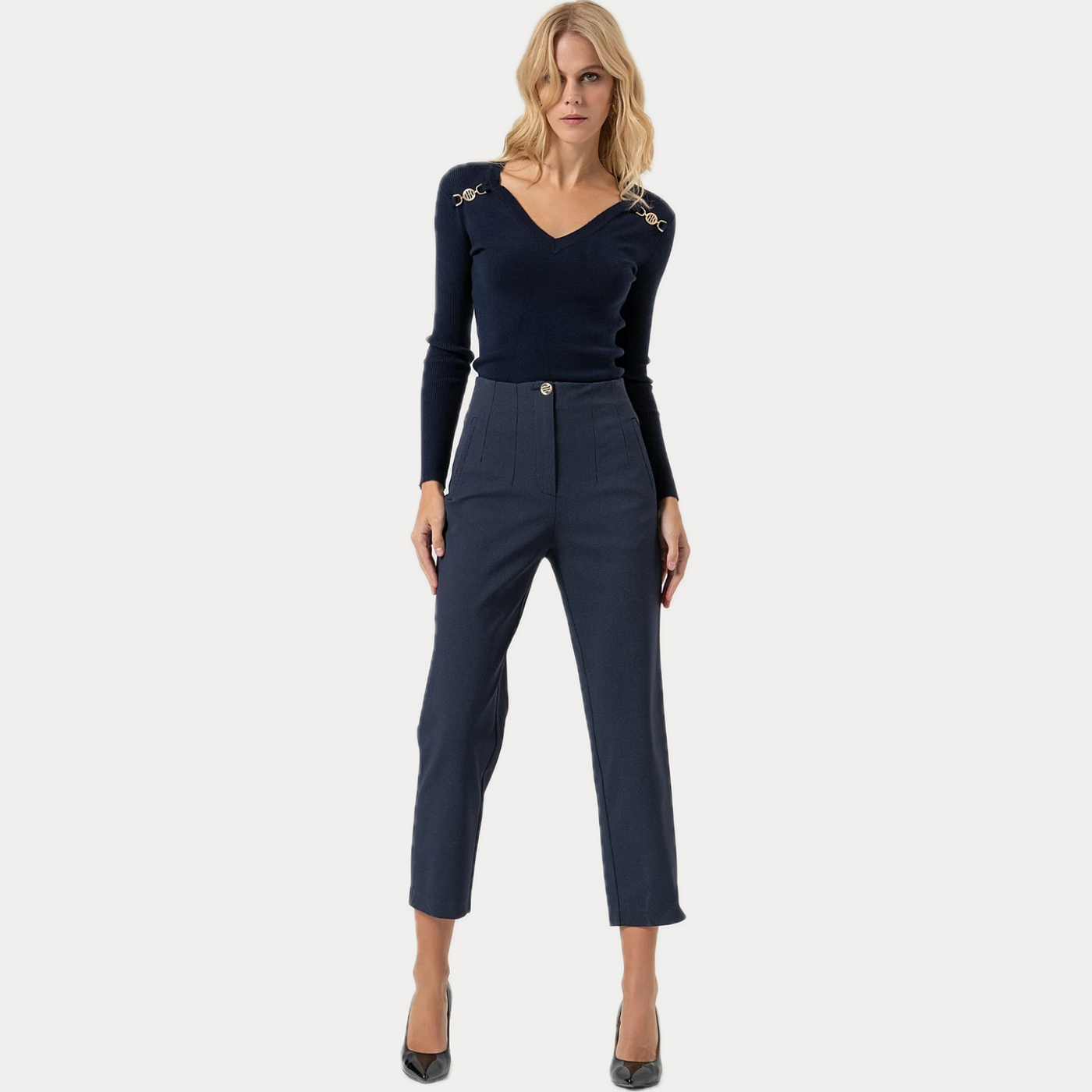FRACOMINA - MAGLIA DONNA BLU SLIM A COSTINE