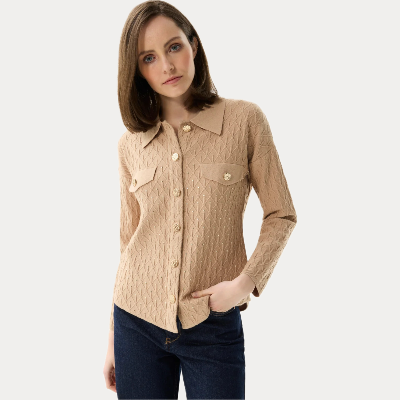 LEO & UGO - MAGLIA DONNA BEIGE CON BOTTONI DORATI EFETTO GIOIELLO