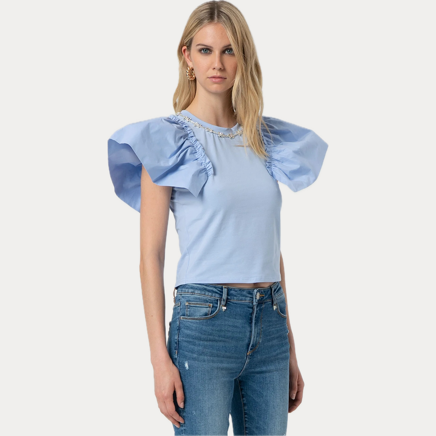 FRACOMINA - T-SHIRT CON ROUCHES E GIROCOLLO IN PIETRE GIOIELLO