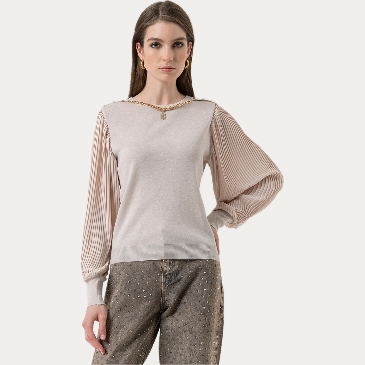 FRACOMINA - MAGLIA DONNA BEIGE CON MANICHE PLISSE'