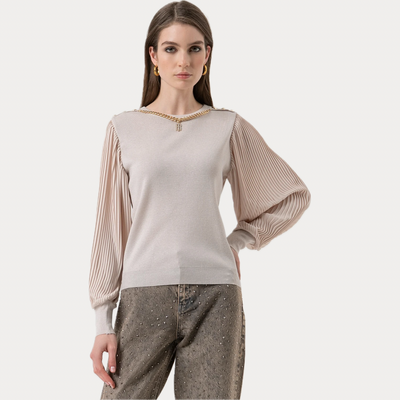 FRACOMINA - MAGLIA DONNA BEIGE CON MANICHE PLISSE'