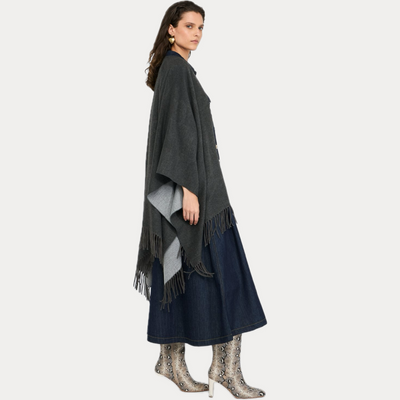 LIUJO - PONCHO DONNA GRIGIO CON LOGO E FRANGE