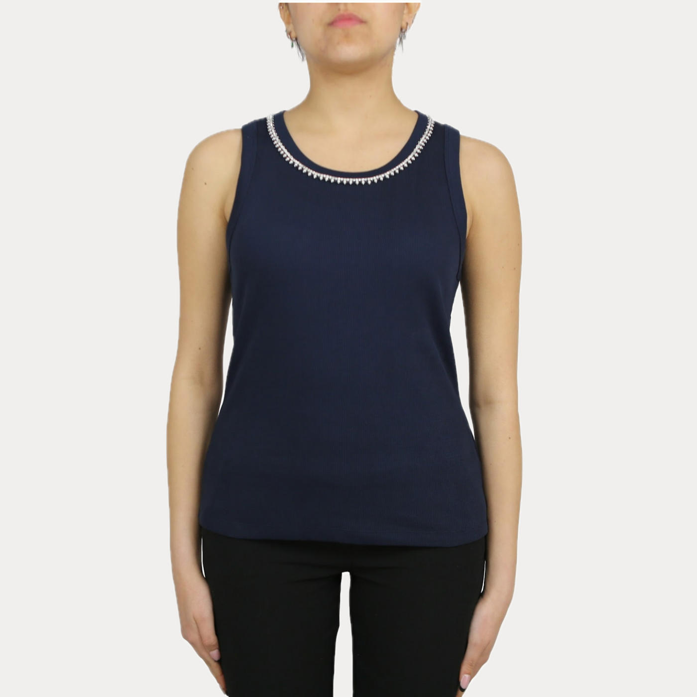 EMME MARELLA - TOP DONNA BLU A CANOTTA CON APPLICAZIONI SUL COLLO