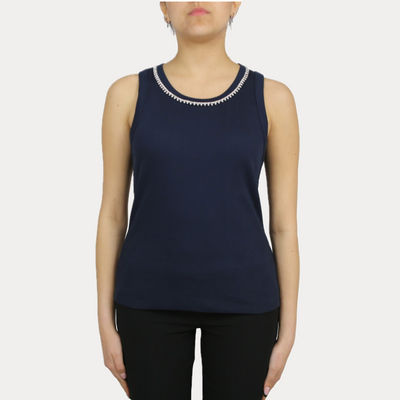 EMME MARELLA - TOP DONNA BLU A CANOTTA CON APPLICAZIONI SUL COLLO