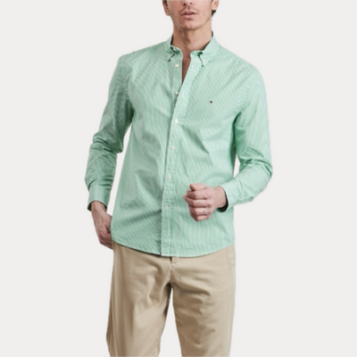 TOMMY HILFIGER - CAMICIA UOMO VERDE REGULAR FIT A RIGHE IN POPELINE