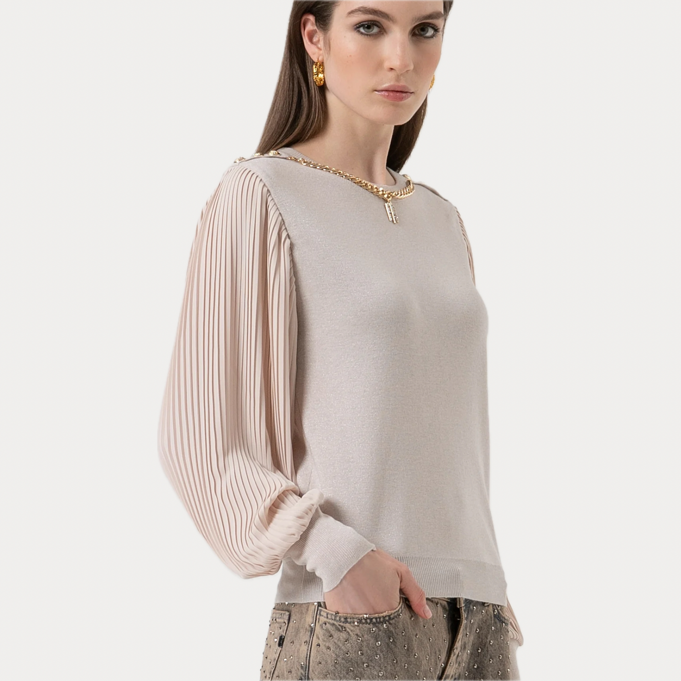 FRACOMINA - MAGLIA DONNA BEIGE CON MANICHE PLISSE'