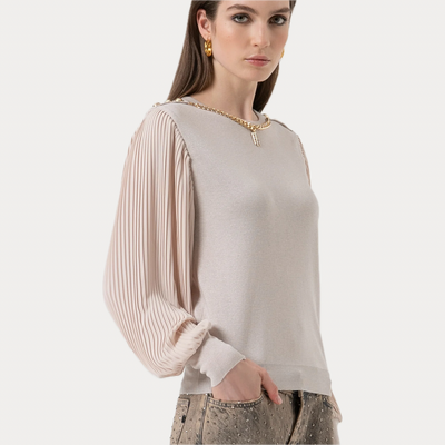 FRACOMINA - MAGLIA DONNA BEIGE CON MANICHE PLISSE'
