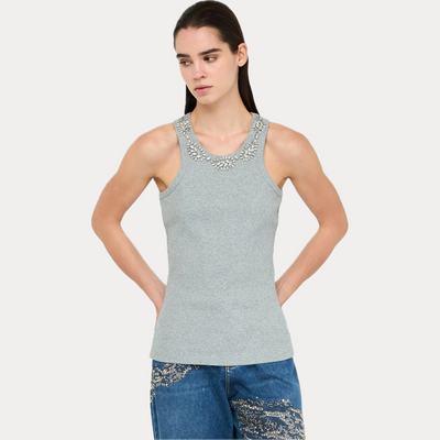 LIUJO - TOP DONNA GRIGIO CON APPLICAZIONI GIOIELLO