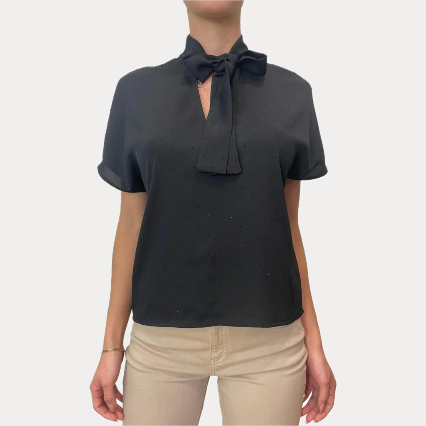 EMME MARELLA - CAMICIA DONNA NERA CON MICRO CRISTALLI E FIOCCO