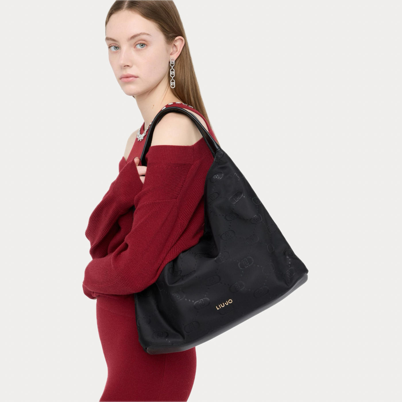 LIUJO - BORSA DONNA NERA HOBO CON LOGO IN NYLON