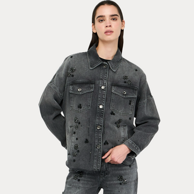 LIUJO - GIACCA DENIM DONNA GRIGIA CON STRASS