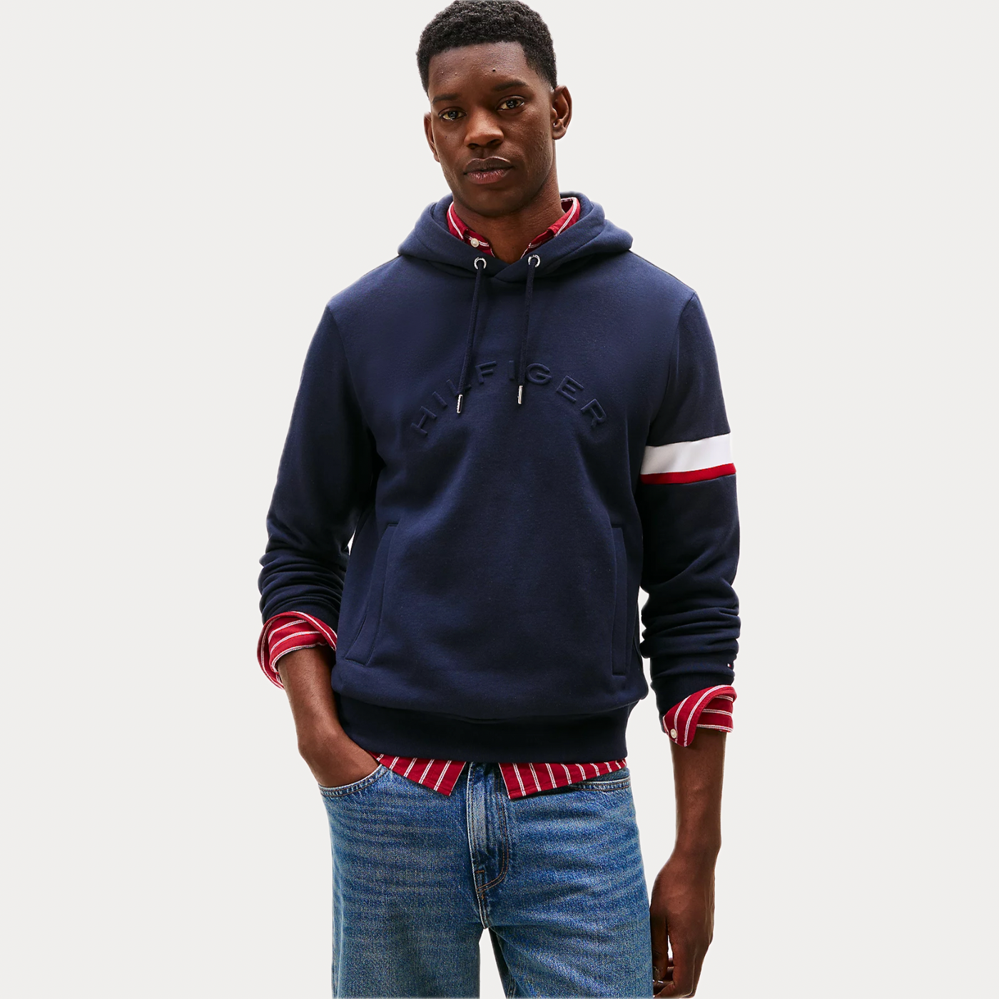 TOMMY HILFIGER - FELPA UOMO BLU CON LOGO IN RILIEVO