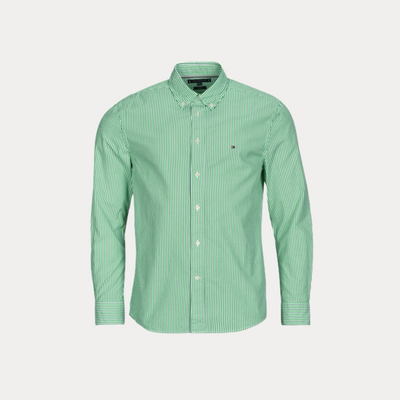 TOMMY HILFIGER - CAMICIA UOMO VERDE REGULAR FIT A RIGHE IN POPELINE