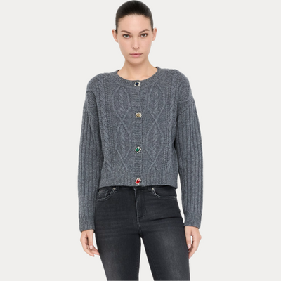 LIUJO - CARDIGAN DONNA GRIGIO IN LANA CON BOTTONI GIOIELLO