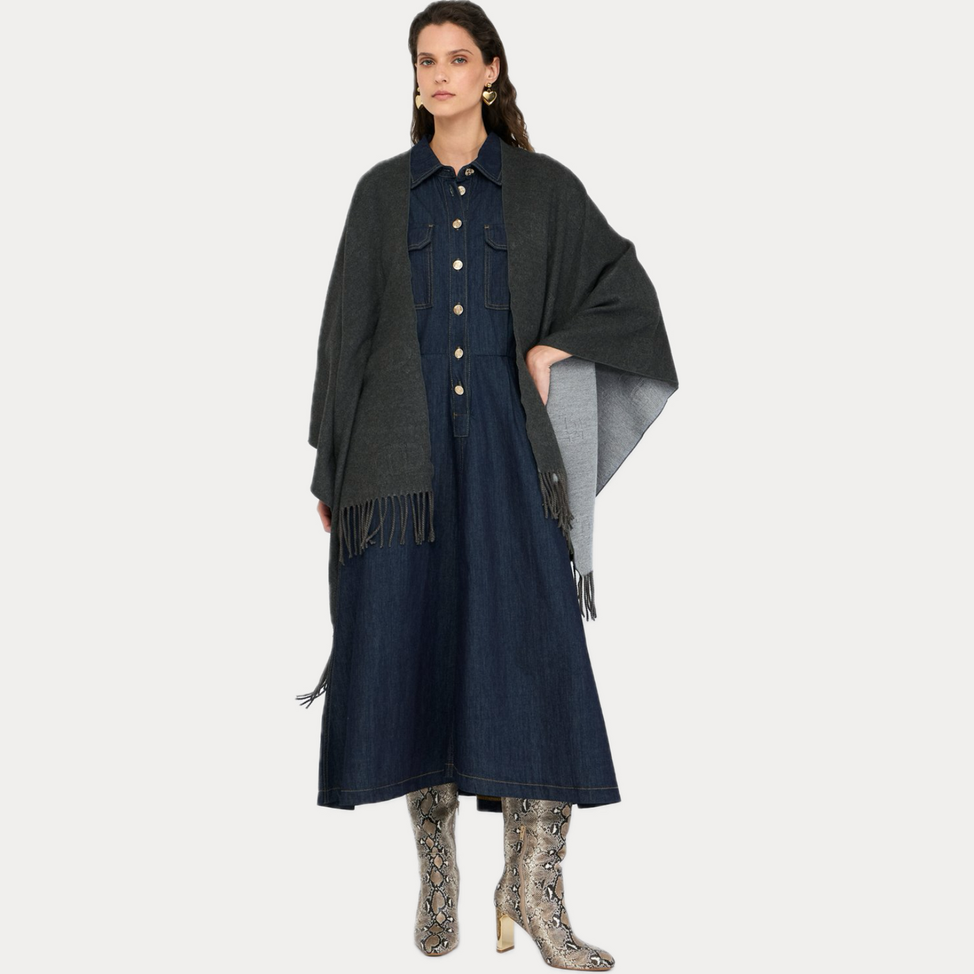 LIUJO - PONCHO DONNA GRIGIO CON LOGO E FRANGE