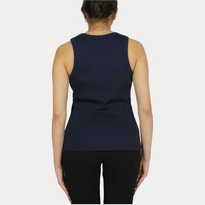 EMME MARELLA - TOP DONNA BLU A CANOTTA CON APPLICAZIONI SUL COLLO