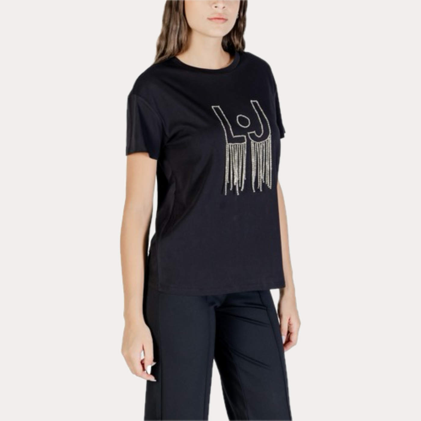 LIUJO - T-SHIRT DONNA NERA CON LOGO E PENDENTI