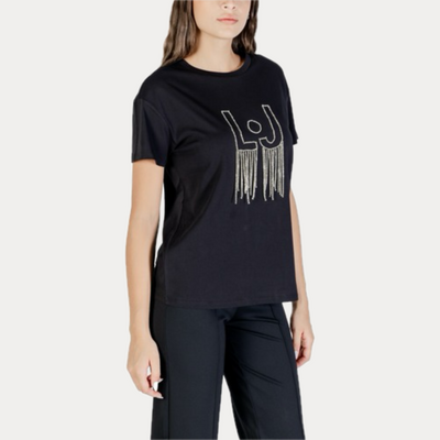 LIUJO - T-SHIRT DONNA NERA CON LOGO E PENDENTI