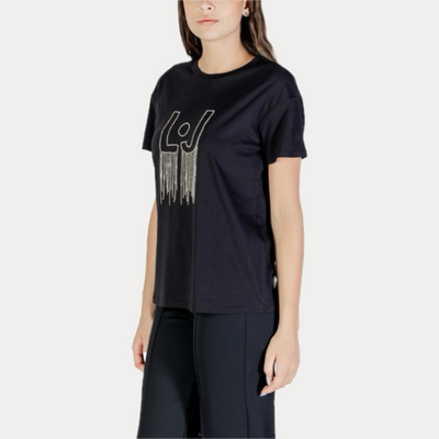 LIUJO - T-SHIRT DONNA NERA CON LOGO E PENDENTI