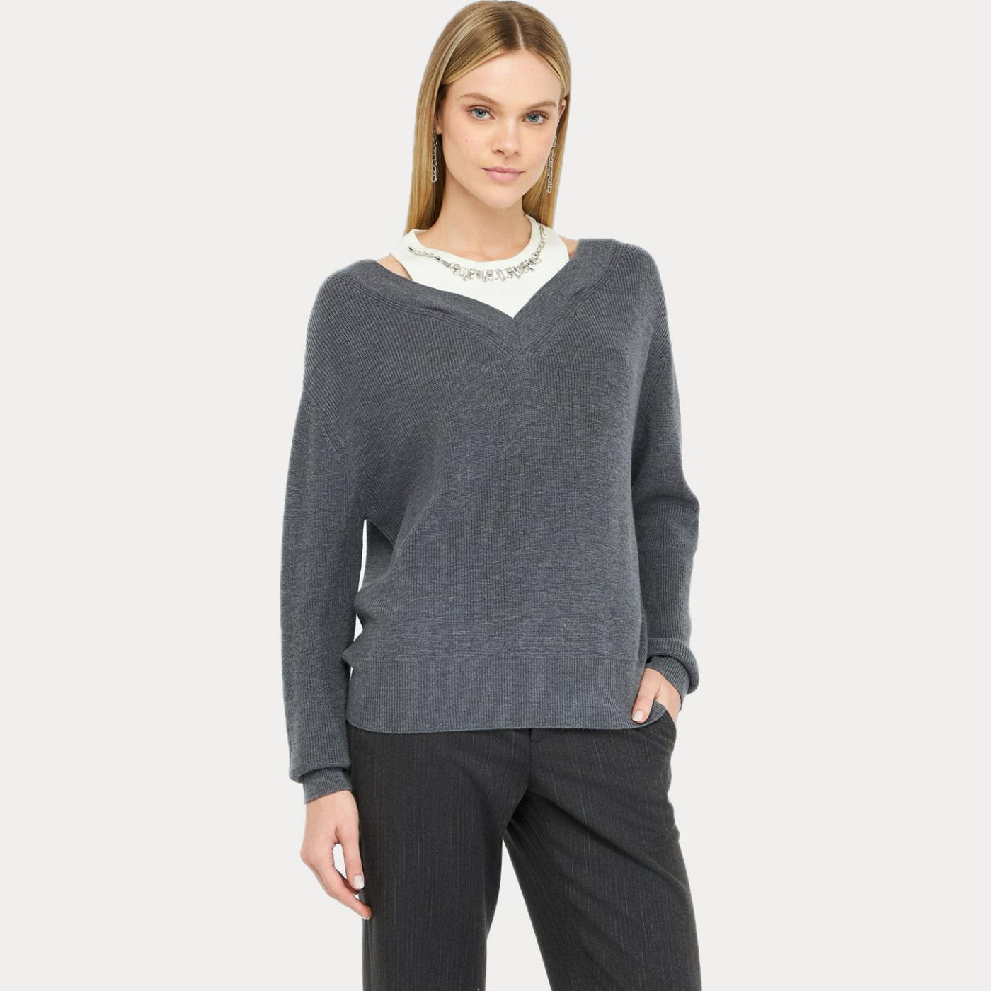 LIUJO - MAGLIONE DONNA GRIGIO CON RICAMI GIOIELLO