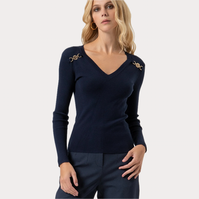 FRACOMINA - MAGLIA DONNA BLU SLIM A COSTINE