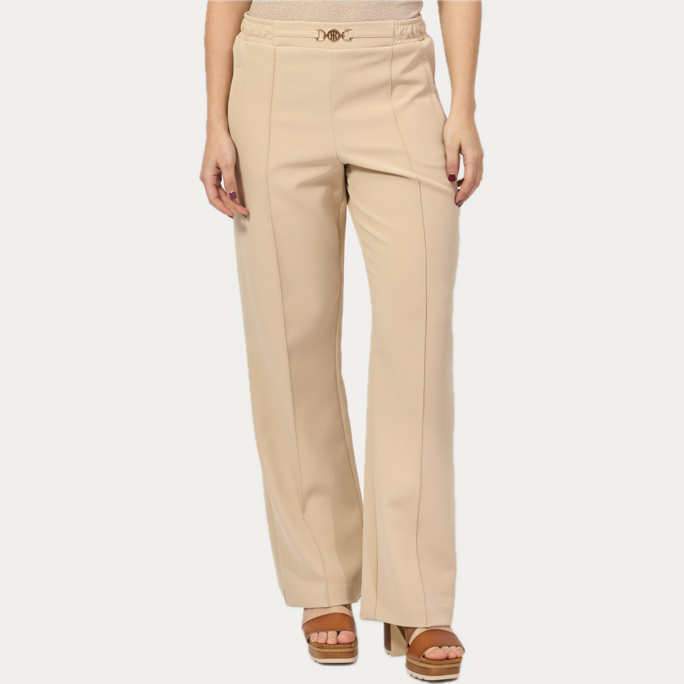 FRACOMINA - PANTALONE DONNA BEIGE BOOTCUT CON ELASTICO IN VITA