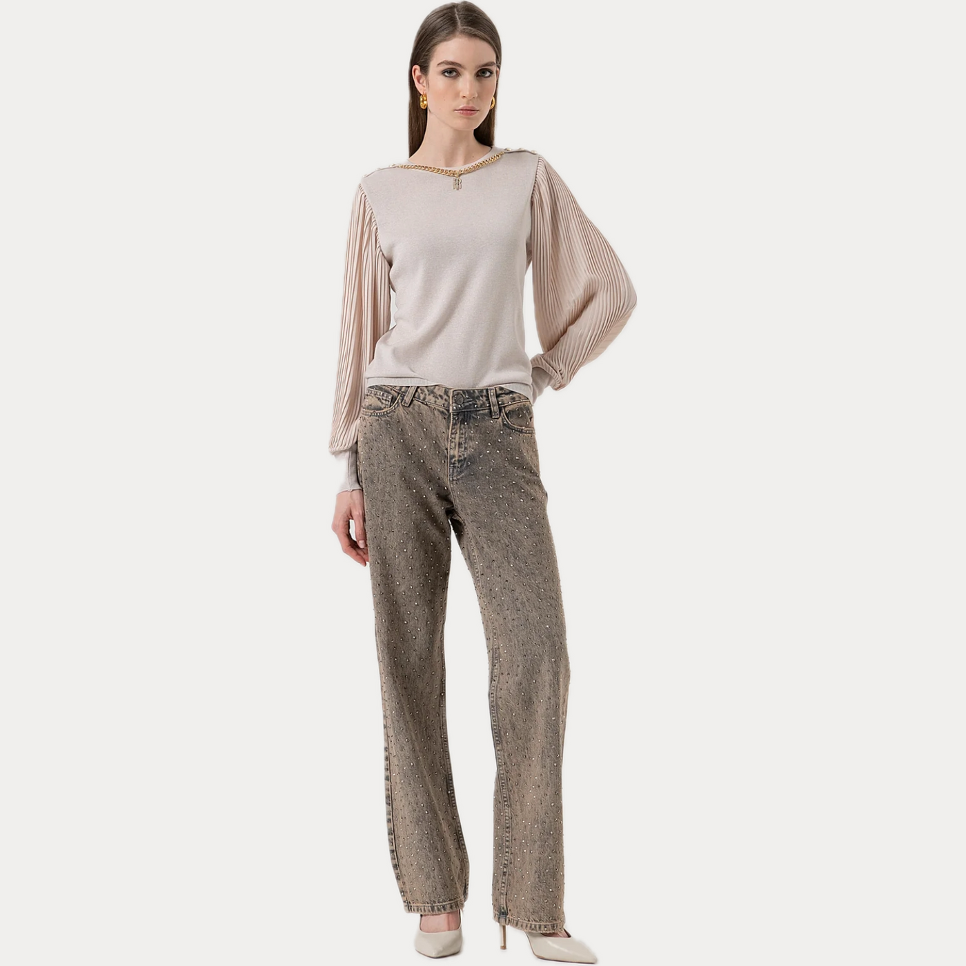 FRACOMINA - MAGLIA DONNA BEIGE CON MANICHE PLISSE'