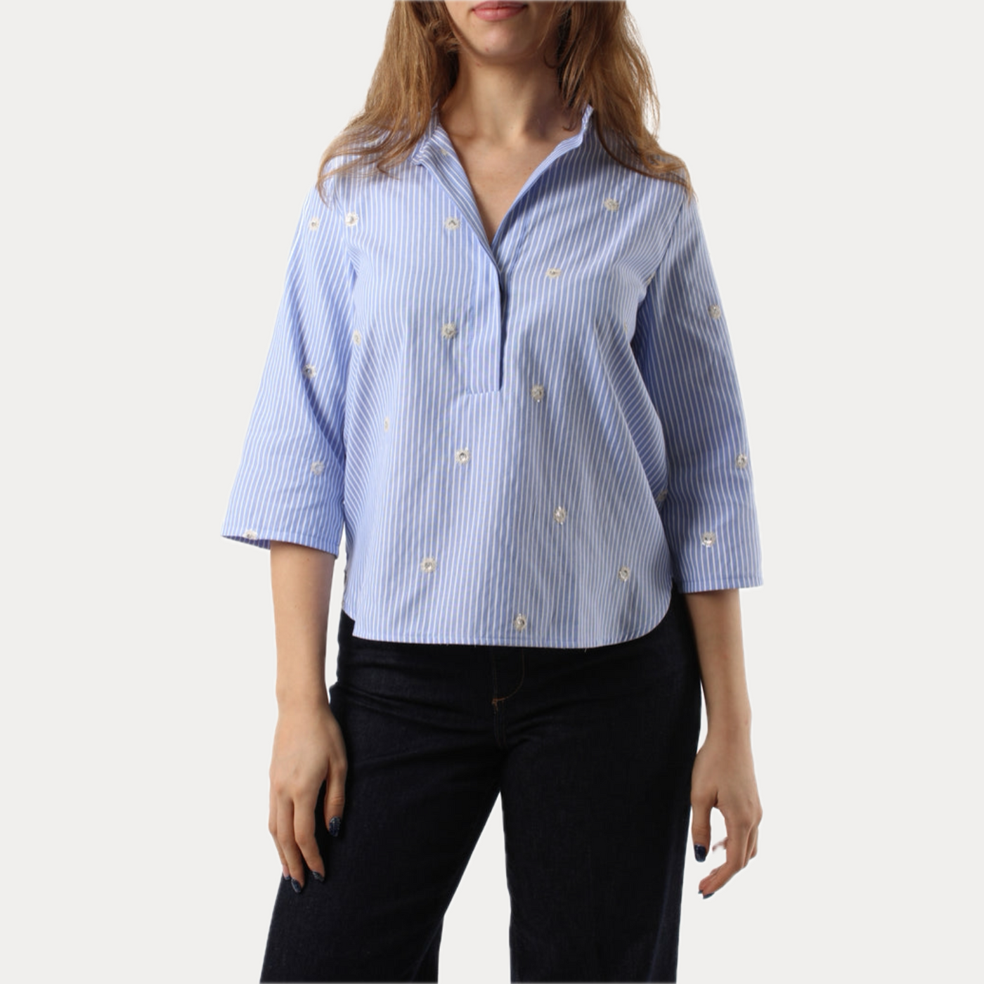 EMME MARELLA - BLUSA DONNA A RIGHE CON APPLICAZIONI E COLLO COREANO